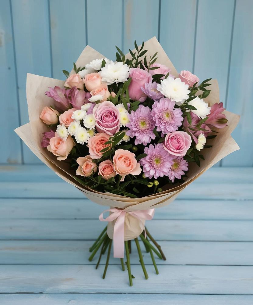 Букет цветов из: Хризантемы, Розы и Альстромерии в Корфовский