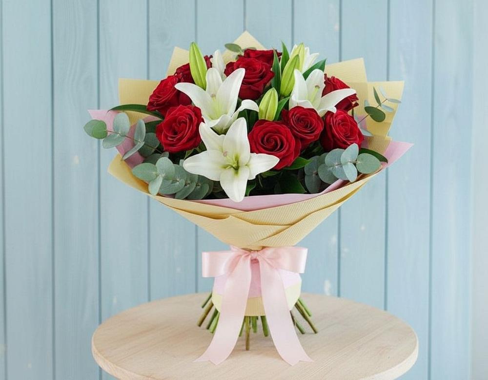 Букет цветов из: Лилии и Розы в Корфовский