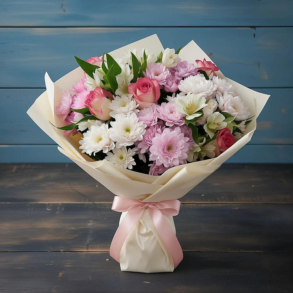 Букет цветов из: Хризантемы, Альстромерии и Розы в Корфовский